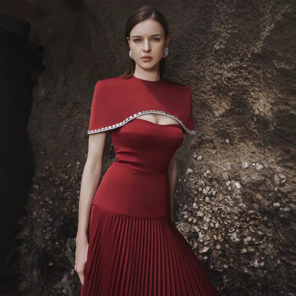Autumn Vietnamese Niche Design Beaded Cape Two-Piece Dress Pleated Evening Gown for Women