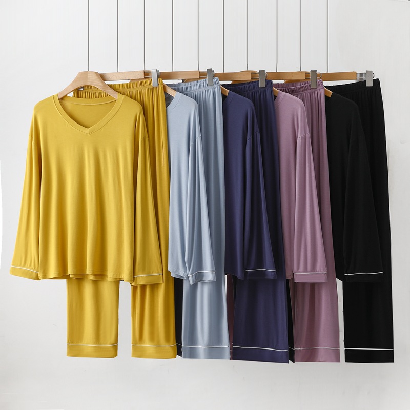 2023 New plus size home wear women's four seasons modal cotton long-sleeved trousers V-neck pajamas pajama pants suit