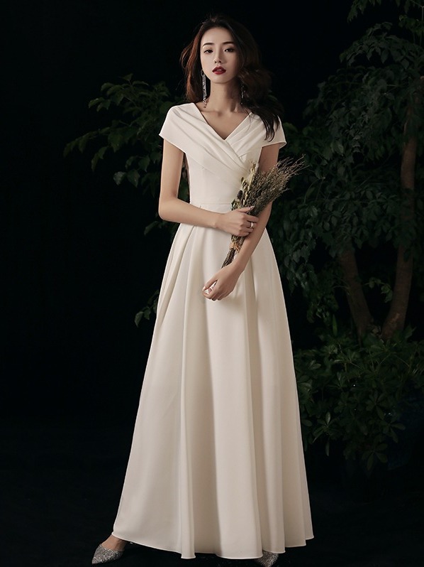 White Elegant Lady's Small Evening Dress, Women's Registration and Certificate Can Usually Wear Birthday Party French Long Dress