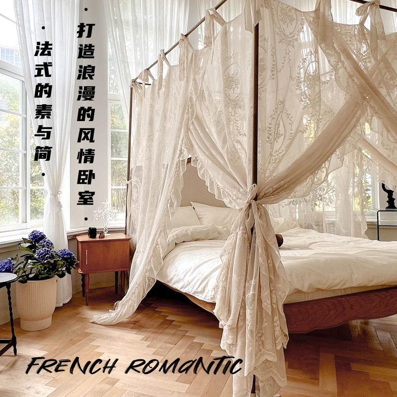 2025 New High-End B&B Mosquito Net for Home Bedroom Installation-Free Bracket Three-Open French Bed Curtain Princess Style Pattern Net