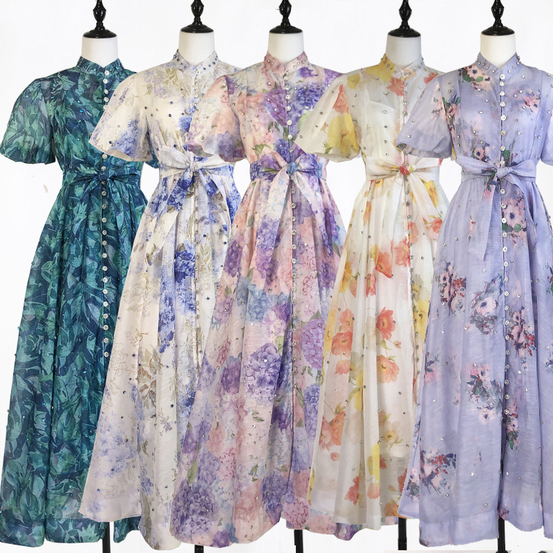 in stock Real Shot 8 Color Qi Elegant Large Swing Nail Diamond European and American Printed Street Light Cooked Bubble Short Sleeve dress Dress
