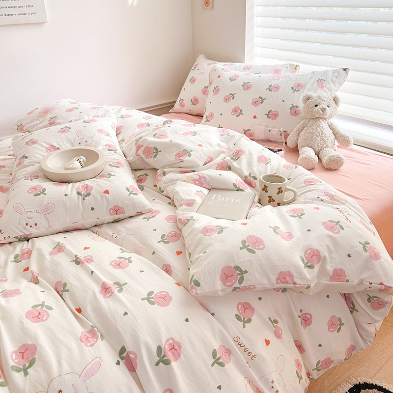Picture of Class A Mother and Infant Grade Washed Cotton Four-piece Set Cotton ins Style Cartoon Fresh Cotton Bed Cover Three-piece Set