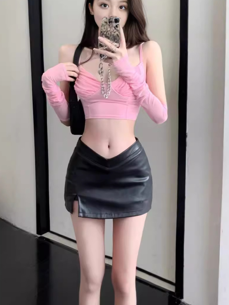 Irregular Split silver Skirt Women's Autumn High Waist Slimming Spice Girl Hip Leather Skirt A- Line Pants miniskirt