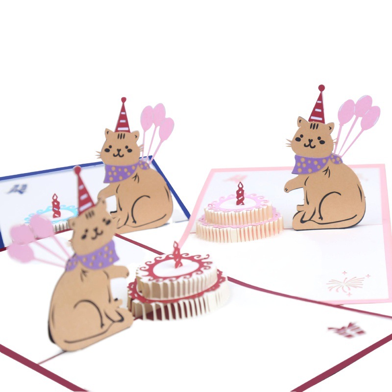 Factory Supply 3D Stereo Greeting Card Cat Birthday Greeting Card Paper Carving Hollow Cake Creative Handmade Birthday Gift Card