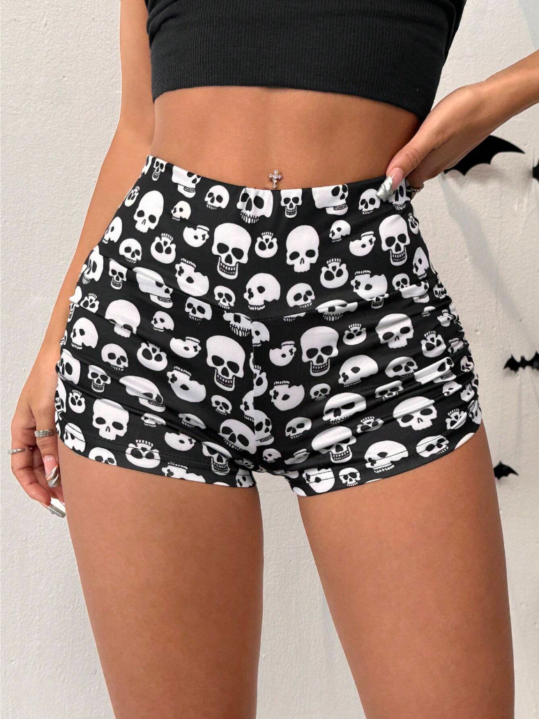 Amazon 2025 Summer Women's Halloween Skull Print Short Pleated Leggings