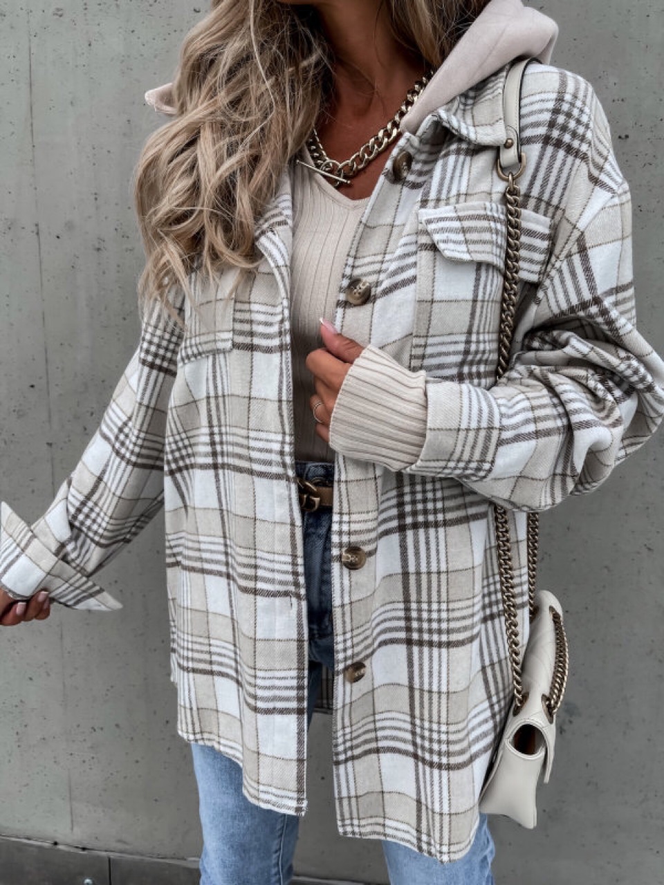 Picture of Ins Hot Autumn European and American Laps Loosen Women's Hooded (Removable) Plaid Woolen Jacket
