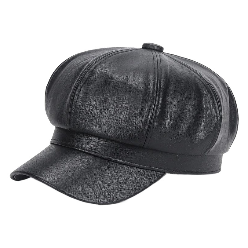 Autumn and Winter Vintage Beret Women's pu Leather Solid Color All-match Painter Hat Spring Korean Style Internet Celebrity Octagonal Cap