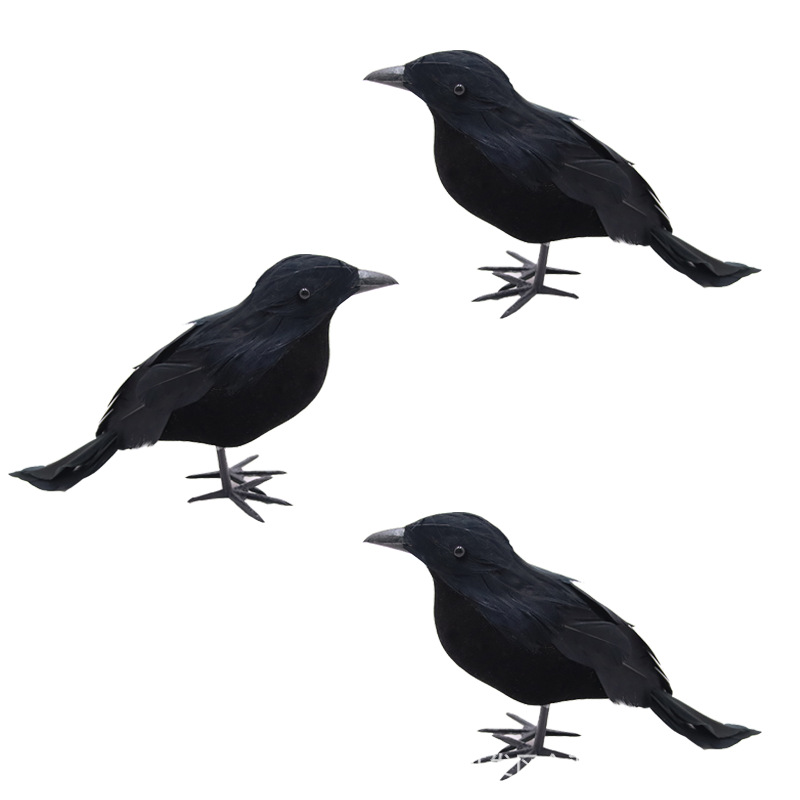 Picture of Simulated Black Crow Feather Animal Halloween Props Flocked Crow Halloween Ornaments Horror Decorative Props