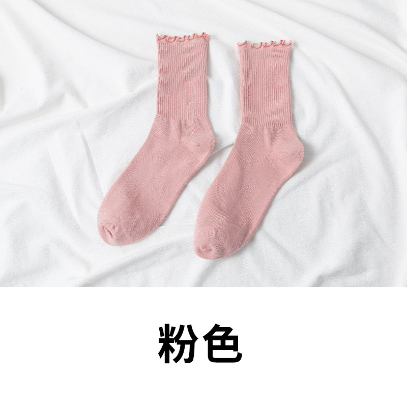 Picture of White lace socks women's mid-calf spring and autumn wooden ear socks ins trendy all-match college style Japanese jk pile socks