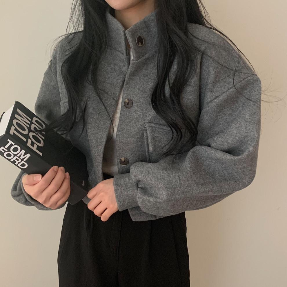 Picture of Autumn and Winter Loose Woolen Coat for Women Plus Size Pocket Small Stand Collar Top Long Sleeve Button Hong Kong Style Woolen Women's Clothing Wholesale