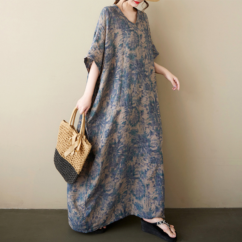 Picture of 2025 Summer Fashion Loose plus size Women's New Artistic Retro V-neck Cotton Linen Printed Shoulder Sleeve dress