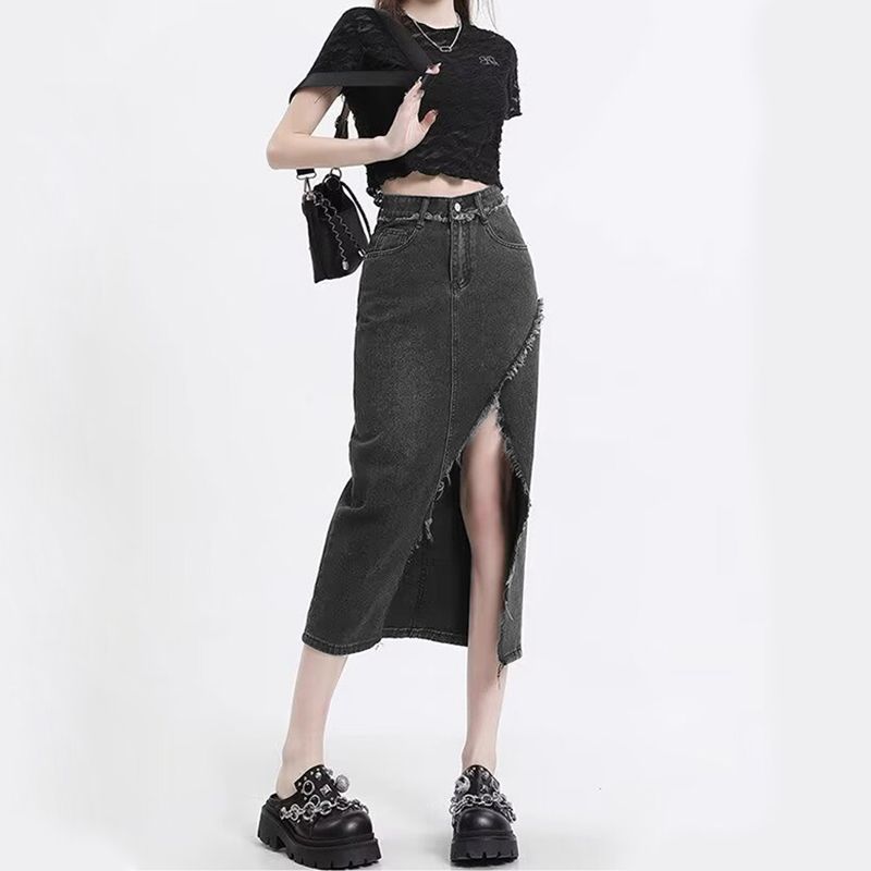 Vintage Split Denim Skirt Women's 2024 New Summer Small High Waist A- line Hip Skirt