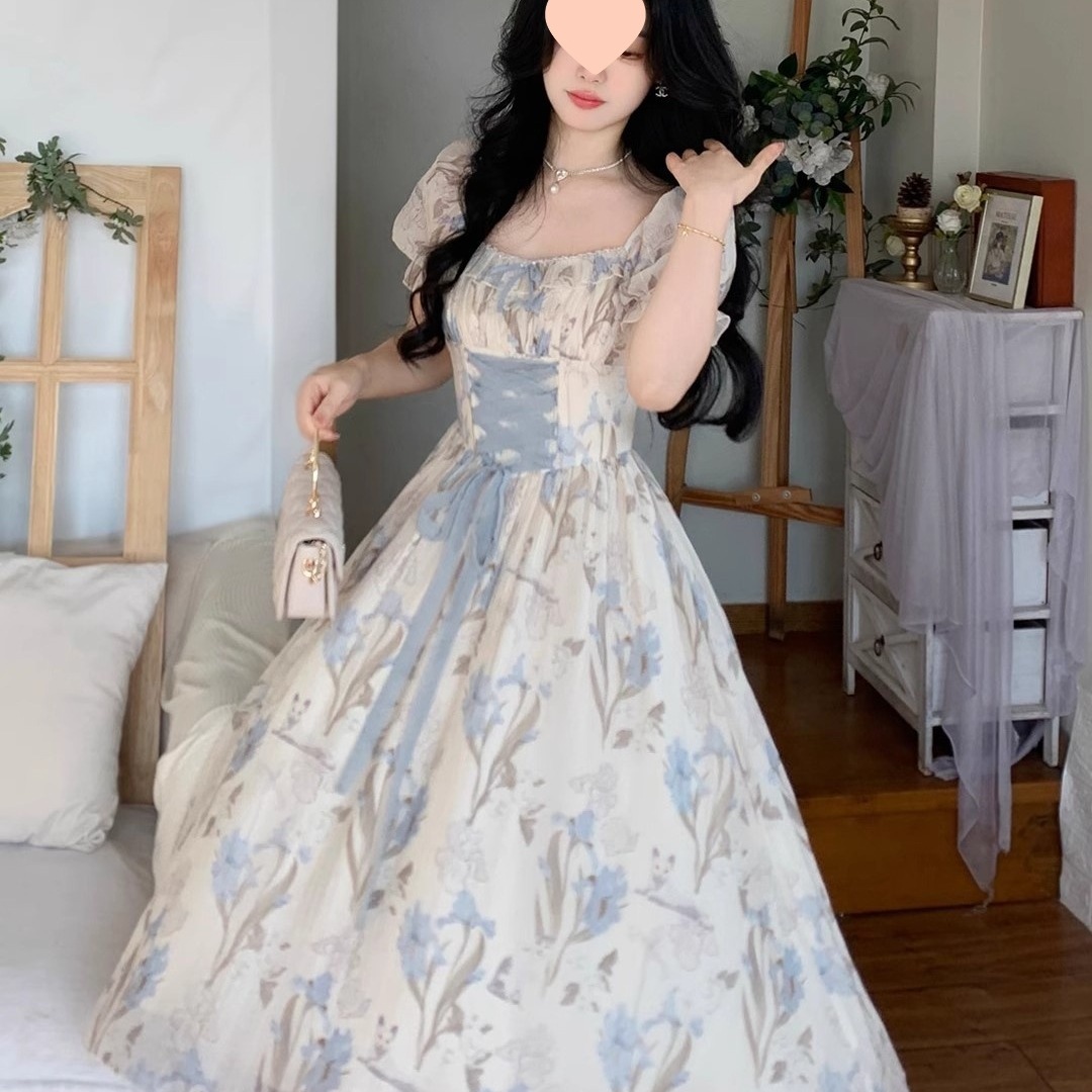Dreamy Iris Style Romantic Print Tie Waist Square Neck Long Dress 2025 Summer Slimming Waist