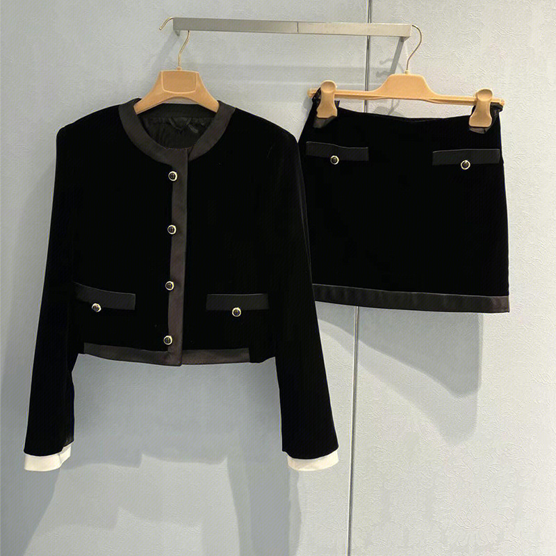 Picture of 2025 Winter Miu Style Black Velvet Suit Slim Fashion Suit Jacket with Skirt Two-Piece Set for Women