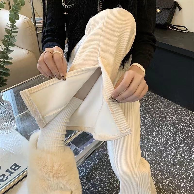 fleece-lined Thickened Split Micro-flared Pants Women's Autumn and Winter High Waist Loose Casual Pants Hanging Sense Straight Wide-leg Pants
