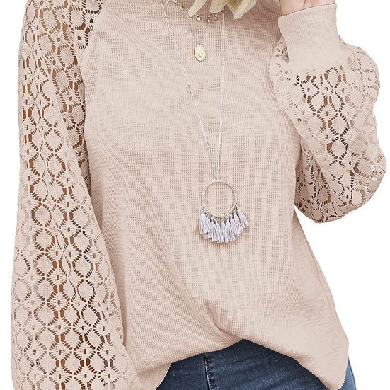 Picture of 2025 New Women's Clothing Amazon Cross-Border Round Neck Long Sleeve Lace Patchwork Loose Top for Women