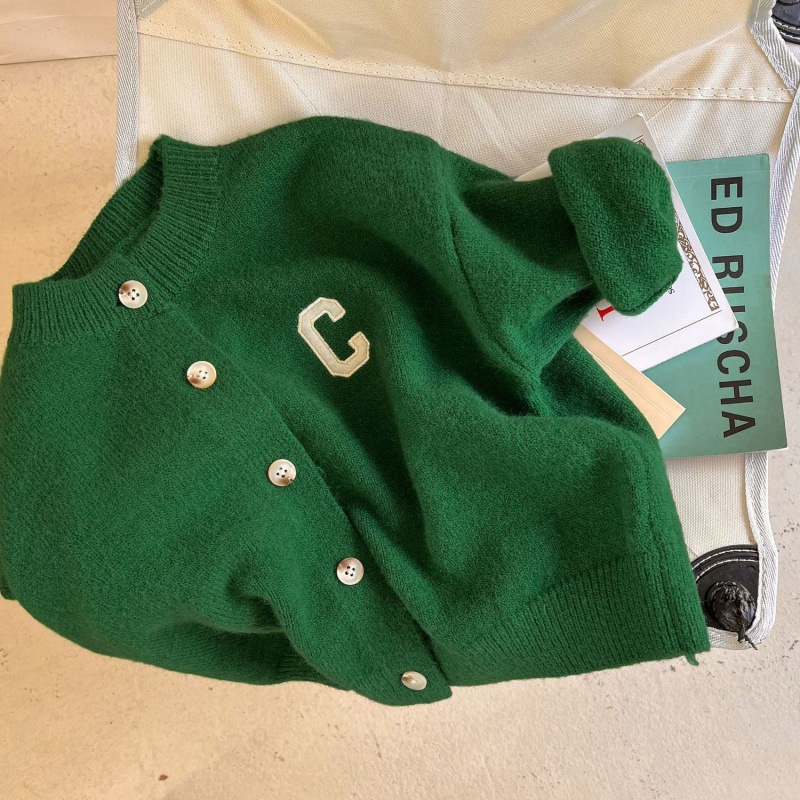 Picture of [in stock] children's sweater cardigan spring and autumn new boys and girls solid color letters cardigan baby sweater