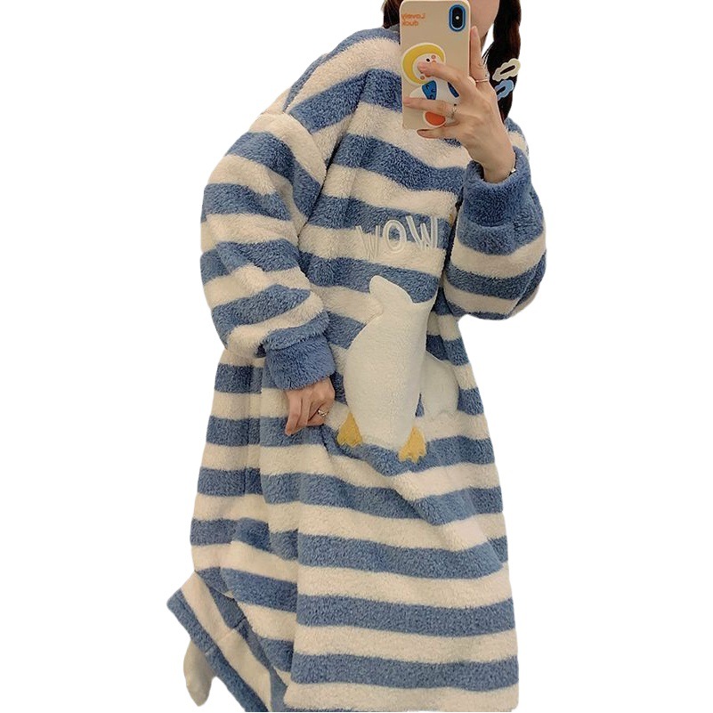 Coral fleece nightdress women's autumn and winter thickened pajamas women's net red duck flannel nightgown pregnant women can wear outside dress
