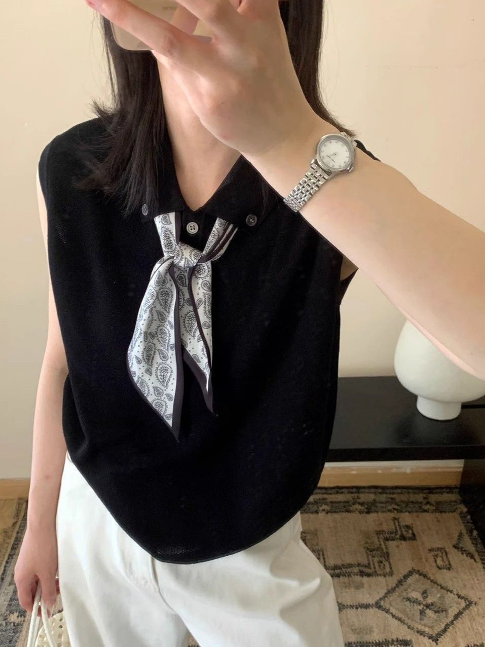 Lapel Silk Scarf Lace-Up Sweater for Women 2025 New Summer Thin Sleeveless Vest Knitted Top