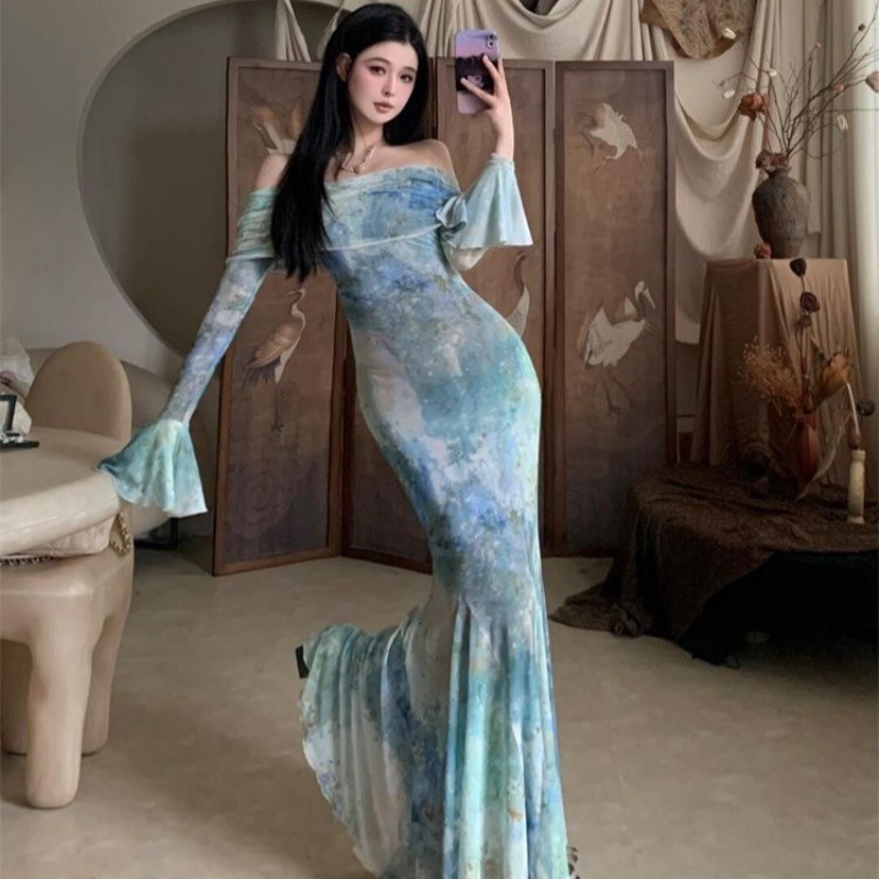 Mint New Chinese-style Simi-dyed Elegant Long-sleeved dress Women's Summer New Arrival Slim-fit Fishtail Skirt