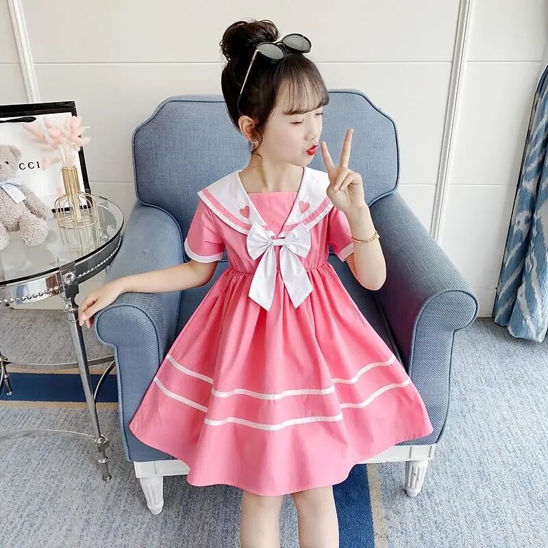 Children's College Style Skirt Summer Middle and Large Children's New Short-sleeved Bow Dress Girls Navy Collar A- line Dress