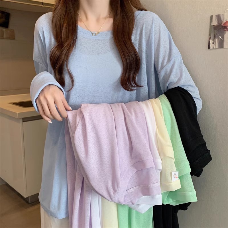 Picture of Blouse for Fat mm Women Thin Summer Korean Style Lazy Style Long-Sleeved Blouse Large Size Versatile Sun Protection Loose Ice Silk Lazy Style