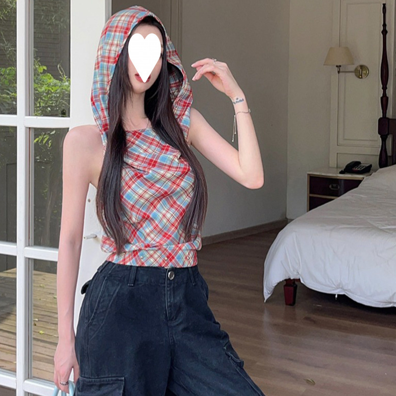 2025 New Summer Style Retro Red Plaid Swing Collar Top for Women Summer Sexy Sleeveless Hooded Outer Vest Top