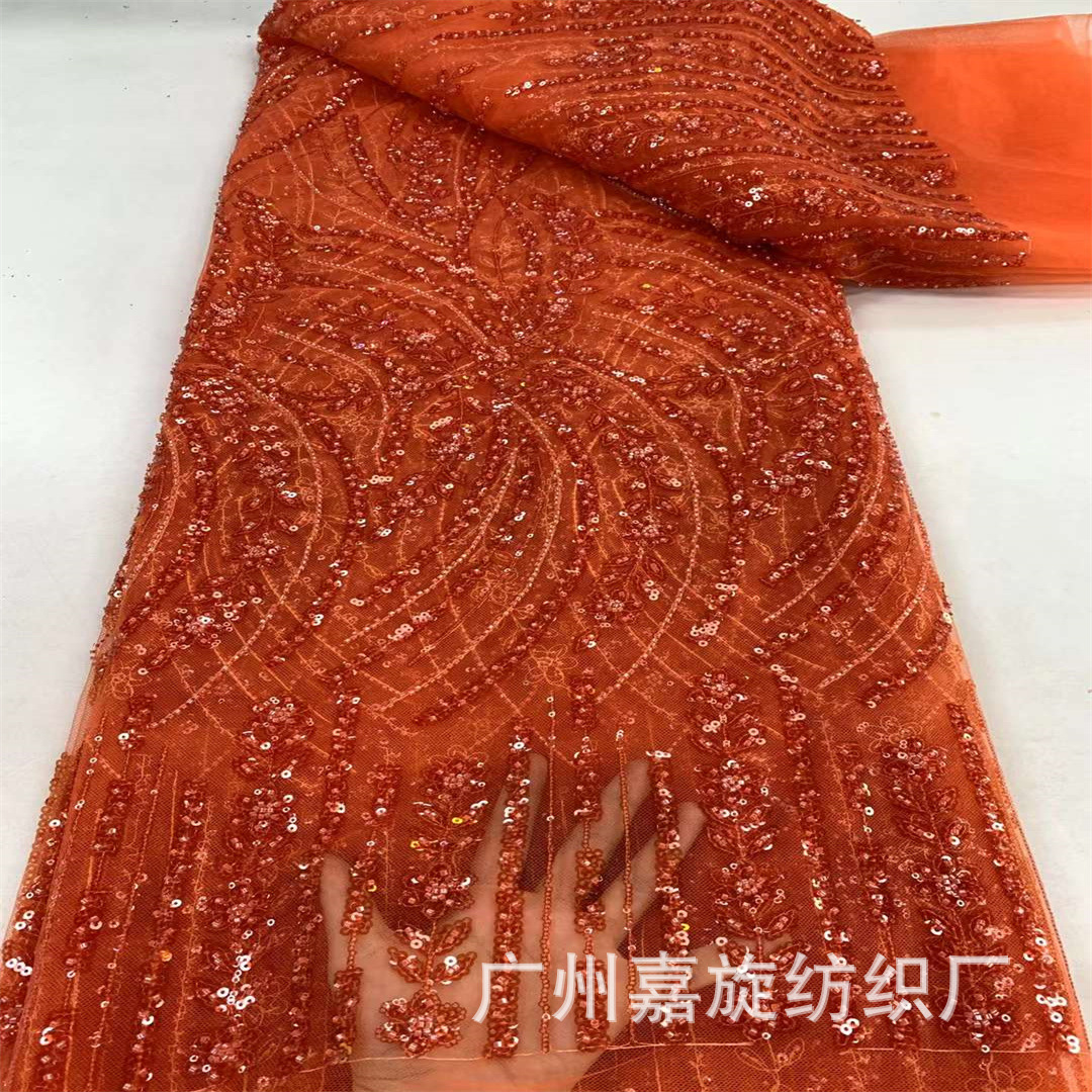 Picture of European and American apricot wheat ears three-dimensional beads sequins lace fabric African bride dress dress embroidered lace