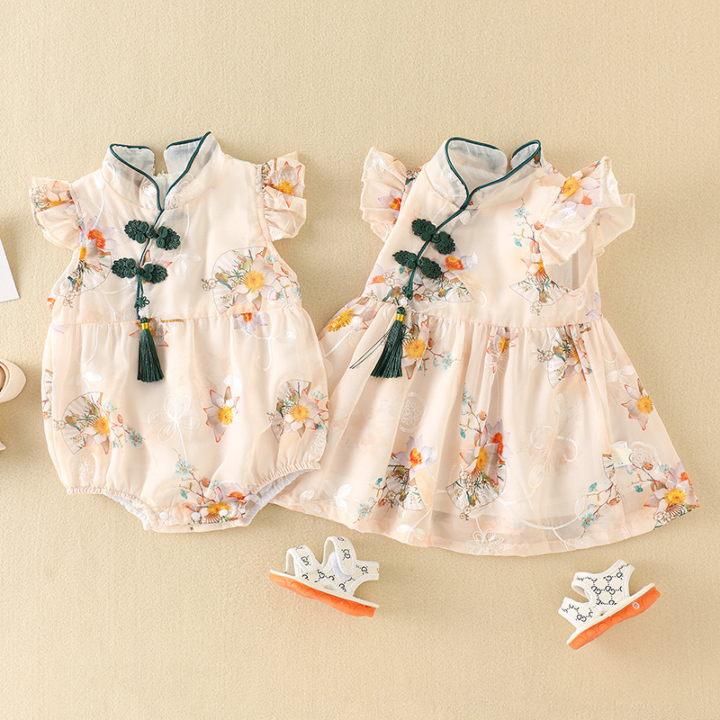 Picture of Baby Autumn Clothing Thin Chinese Style Romper Newborn Autumn One-Piece Clothes Baby Girl Full Month Hundred Days Dress