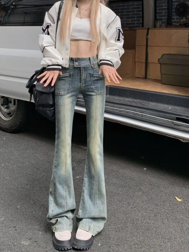American Retro High-Waisted Flared Jeans for Women, Summer Slimming Bootcut Pants, Slim Fit Stretch Wide-Leg Floor-Length Pants