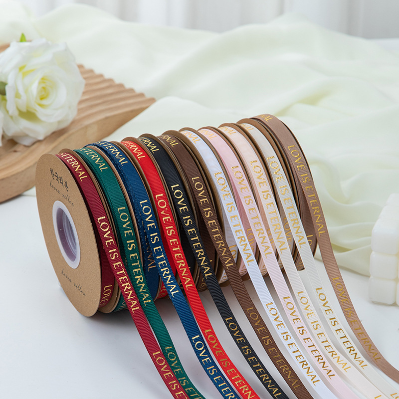1cm Gold-Stamped Ribbed Ribbon Custom Bow Handmade DIY Flower Gift Baking Packaging Ribbon Bouquet