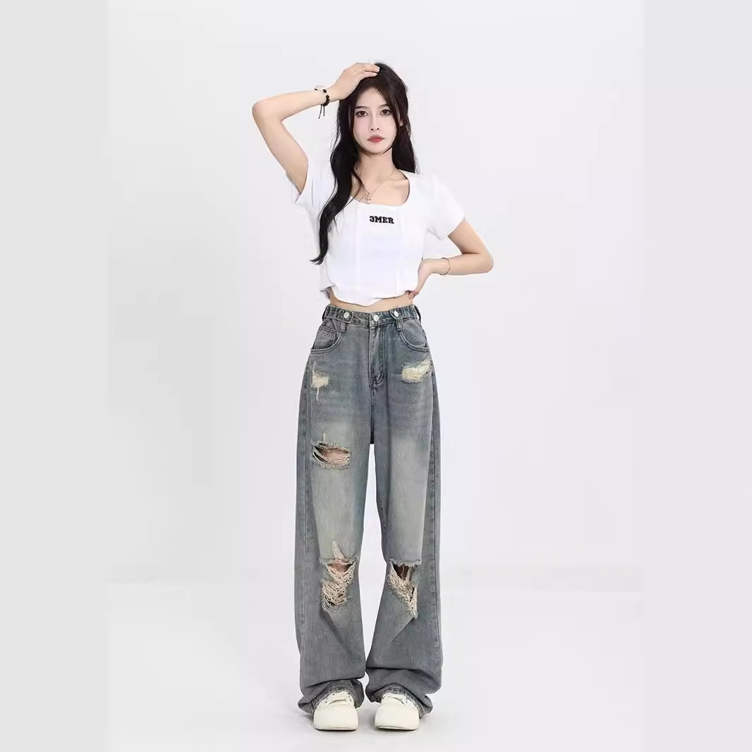 New Wide Leg Retro Women's Summer Ripped Trailing Jeans Straight Leg 2024 Sling Slim High Waist Trendy Pants