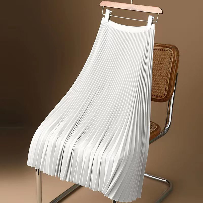 Picture of Cross-border Satin Solid Color Pleated Skirt 2025 Summer Thin Mid-length Over-the-knee High Waist A- line Skirt Skirt