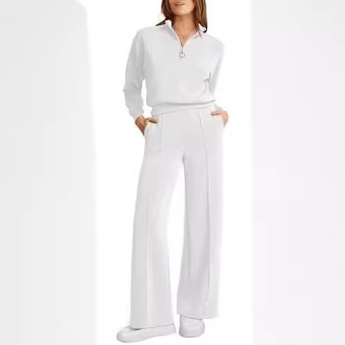 European and American 2025 Amazon Autumn and Winter New Women's Sports Suit with Zipper Long-Sleeve Sweatshirt and Wide-Leg Pants Two-Piece Set