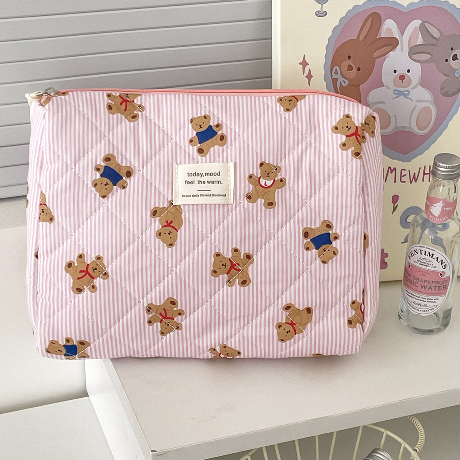 Picture of Cross-Border Pink Striped Bear Cosmetic Bag Student Portable Cute Cartoon Toiletry Bag Quilted Portable Storage Bag