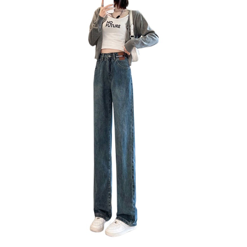 Leather Brand Mop Jeans Women's Fashion High Waist Casual Design Nostalgic Retro Loose Wide Leg Straight Long Pants