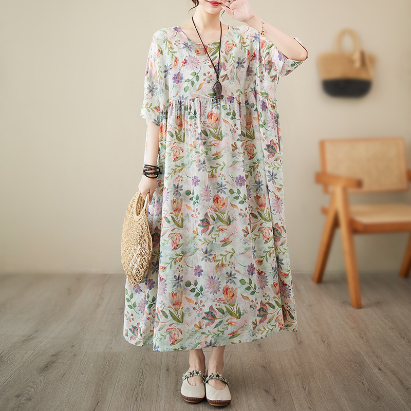 Floral Cotton and Linen Dress Women's Summer Loose Slimming New Elegant Round Neck A- line Skirt Casual Mid-length Dress