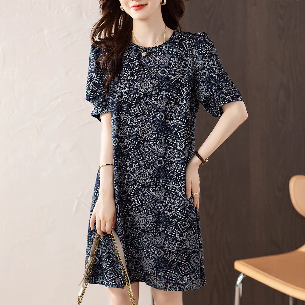 Round Neck Printed dress 2025 Summer New Fashion Casual Loose Midi Dress