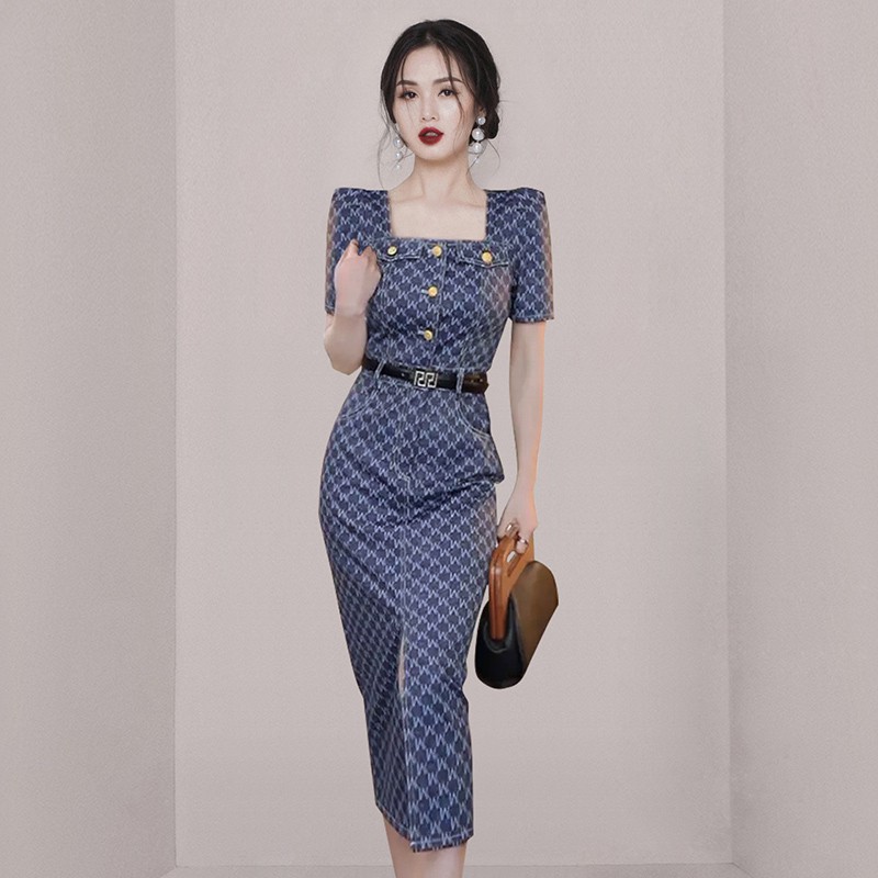 Light Mature Style Korean Royal Sister Square Collar Belt Long dress Cross-border Women's New Split Hip Skirt