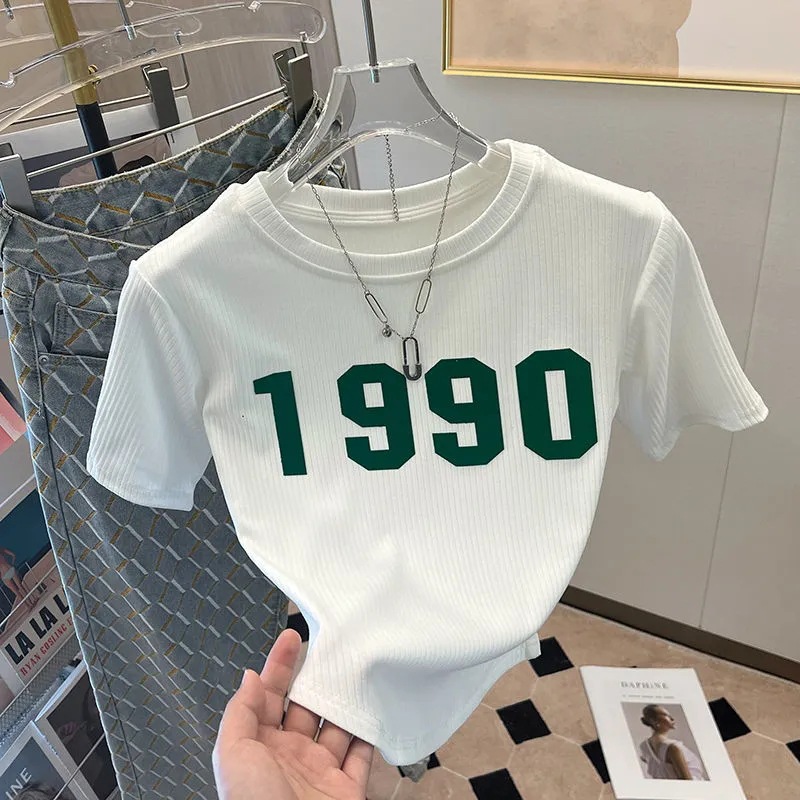Letter 1990 Printed White Short-sleeved T-shirt Women's 2024 Summer New Design Sense Loose Short Top Women's Summer