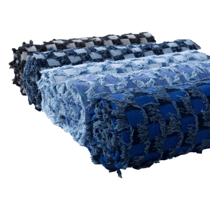 Tassel chessboard Plaid jacquard Denim fabric coat rinse washed Denim cotton cut flower texture clothing fabric