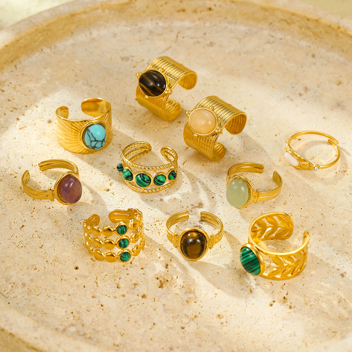 Hot Selling European and American Retro Ins Style Stainless Steel Gemstone Natural Stone Ring 18K Gold-Plated Titanium Steel Ring Wholesale Jewelry
