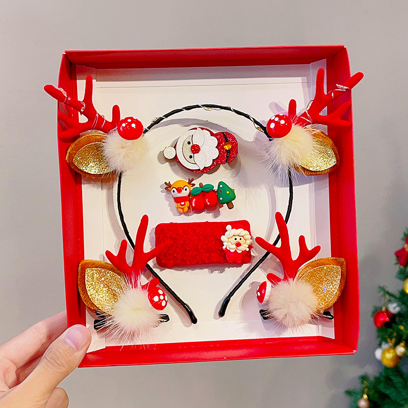 Picture of 2023 new children Girl Christmas headband hairpin suit combination cute antlers Christmas headband hairpin headdress