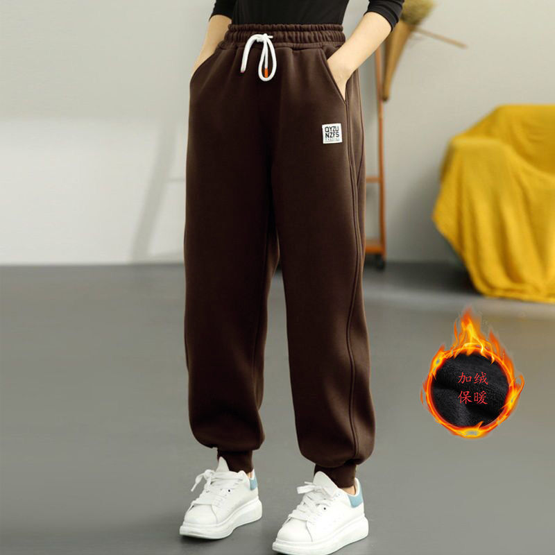 European goods fleece-lined thick sports pants for women 2023 autumn and winter New harem sweatpants tight pants loose slimming outerwear