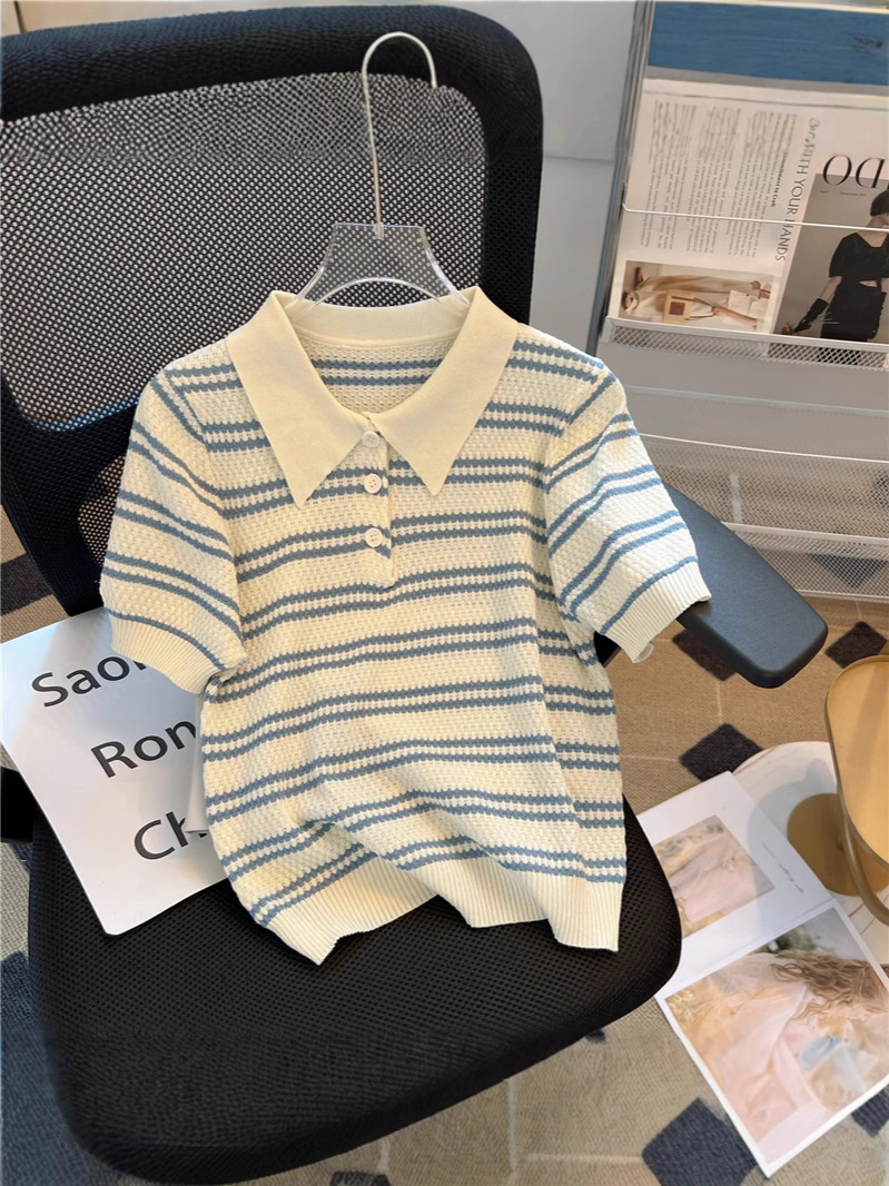 Cross-Border Striped Short-Sleeve Women's Polo Collar Summer Color-Blocking Design Niche Loose Slimming T-Shirt Top