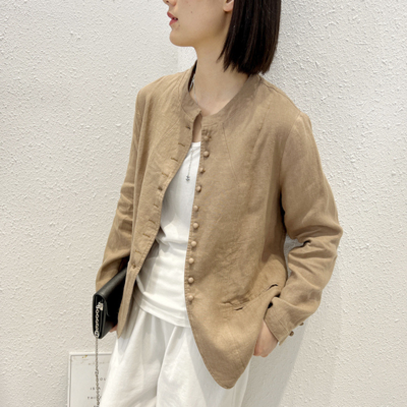Simple cotton and linen small blazer women's 2025 new thin loose top literary Chinese stand-up collar linen suit
