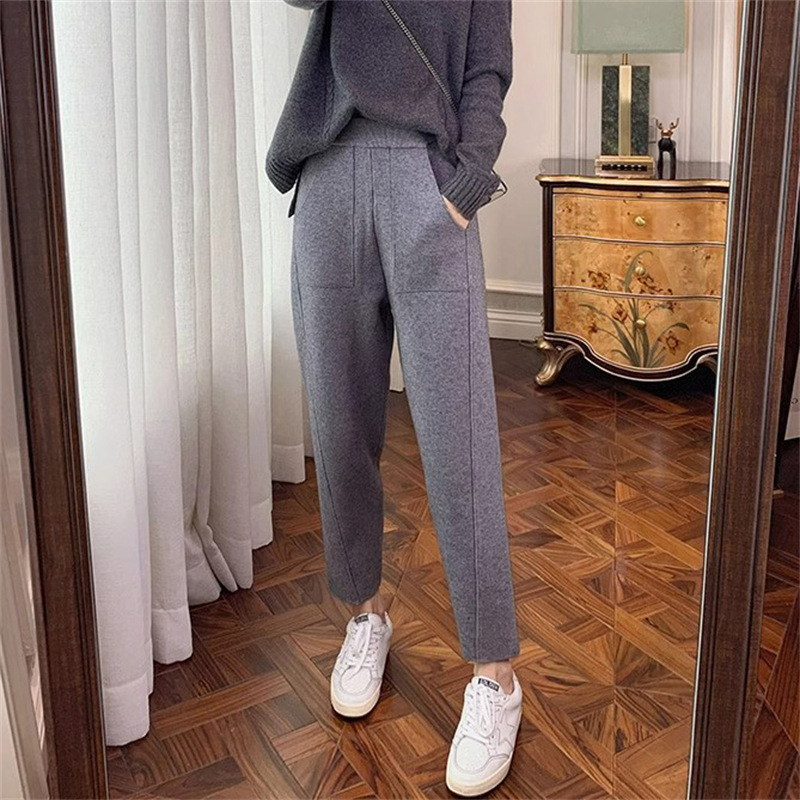 [Check-Breasted] 24 Winter Academy Elastic Waist Slimming Temperament Knitted Harem Pants Autumn and Winter New Loose Style
