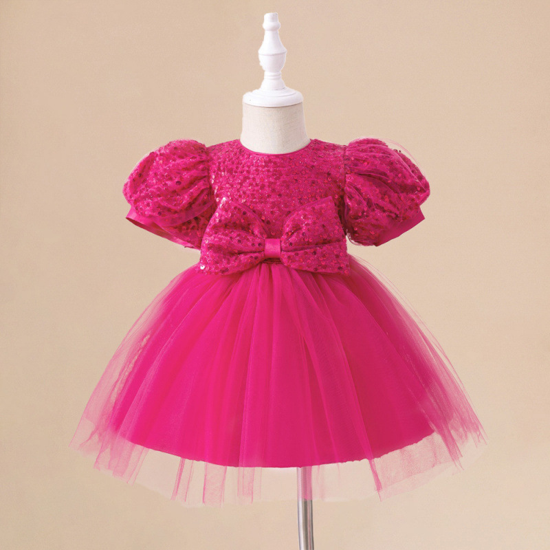 2024 New Children's One-Year-Old Dress Sequin Princess Dress Poncho Mesh Dress Cross-Border Bubble Sleeve Children's Wedding Dress