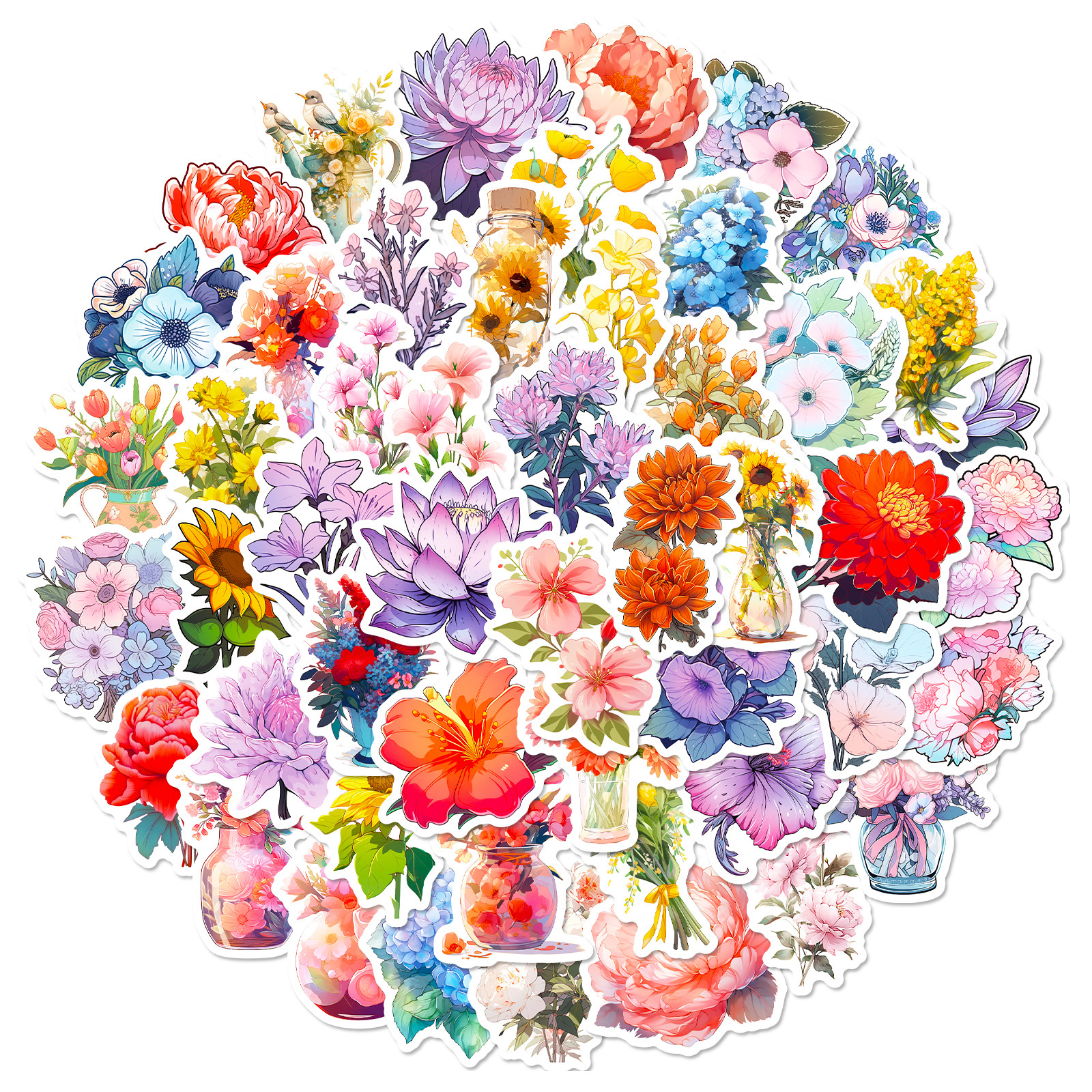 50 flower mix stickers cross-border Amazon new cartoon plant flower elements hand account stickers rich flowers