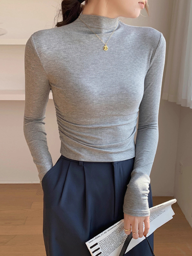 Spring, autumn and winter semi-turtleneck base shirt long-sleeved T-shirt women's shoulder pleats slim waist slimming short top